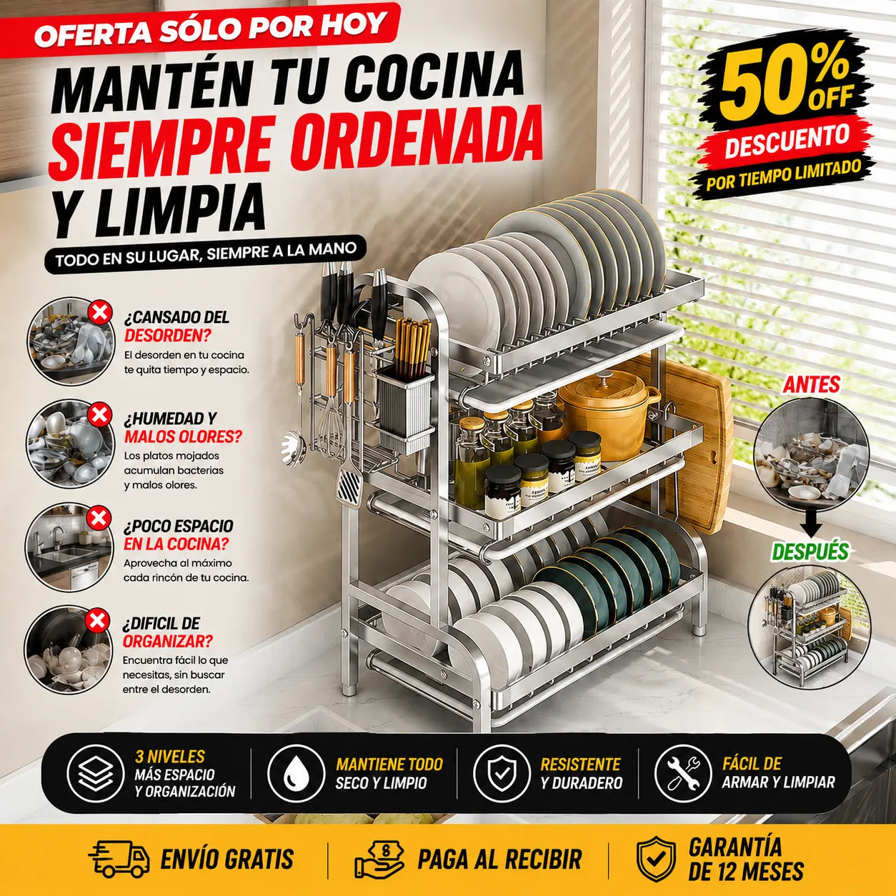 Escurridor de Platos 3 Niveles en Acero Inoxidable ✨