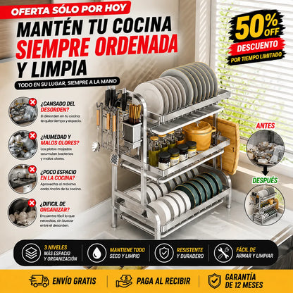 Escurridor de Platos 3 Niveles en Acero Inoxidable ✨