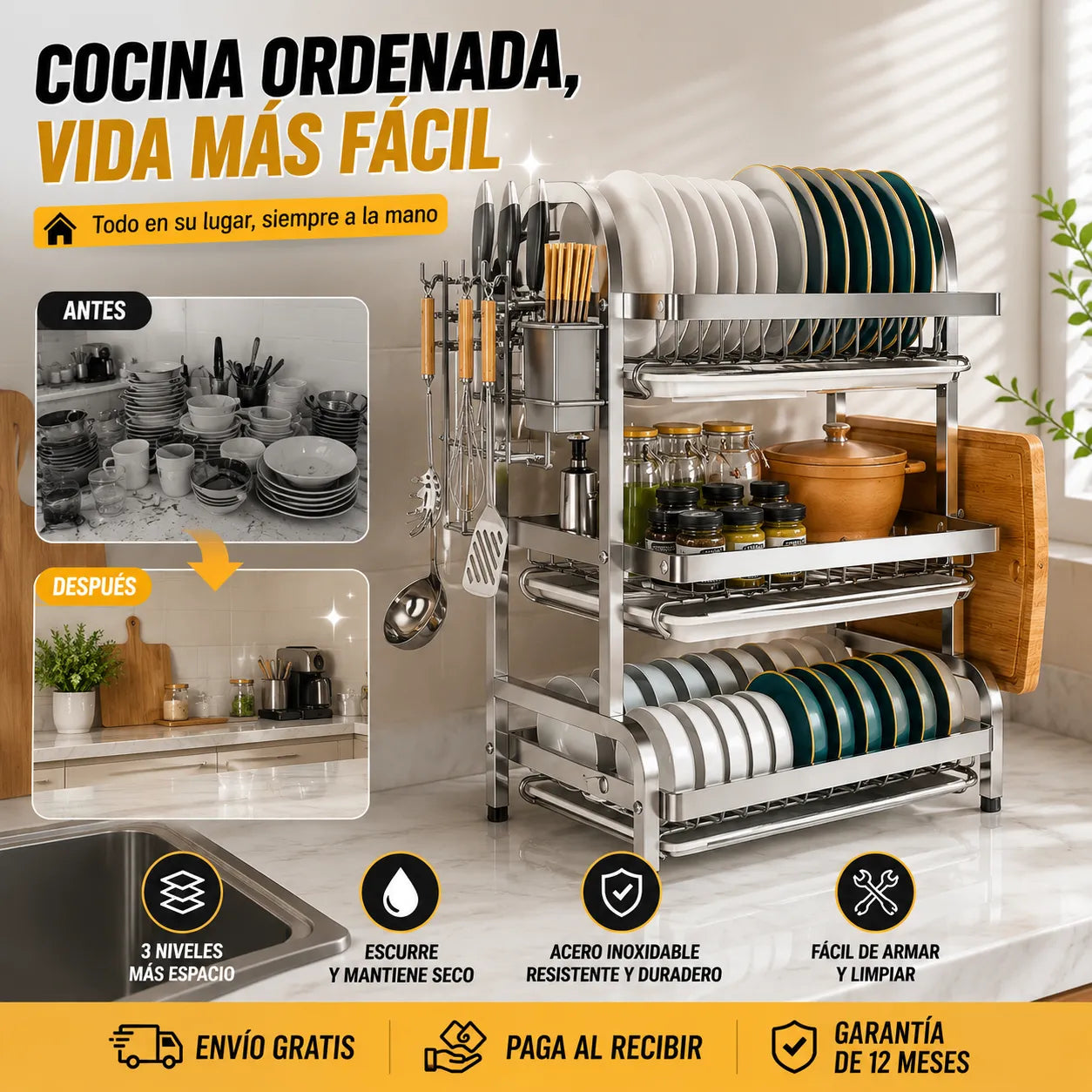 Escurridor de Platos 3 Niveles en Acero Inoxidable ✨