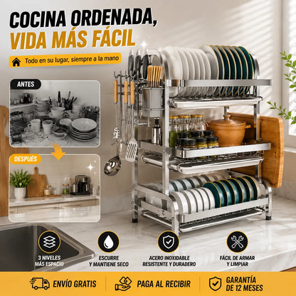 Escurridor de Platos 3 Niveles en Acero Inoxidable ✨