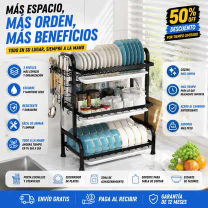 Escurridor de Platos 3 Niveles en Acero Inoxidable ✨